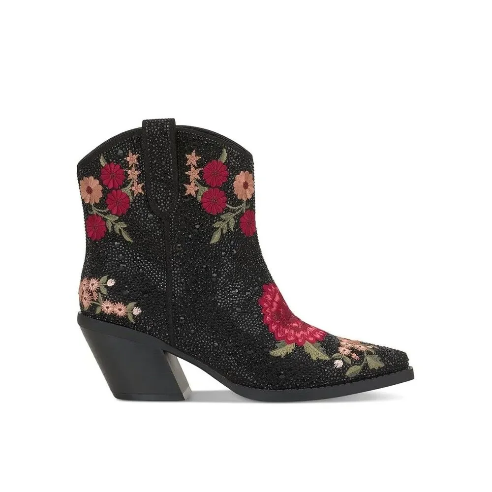 INC Womens 5.5 M Black Embellished Jersey Block Heel Cowboy Booties DISPLAY QX1